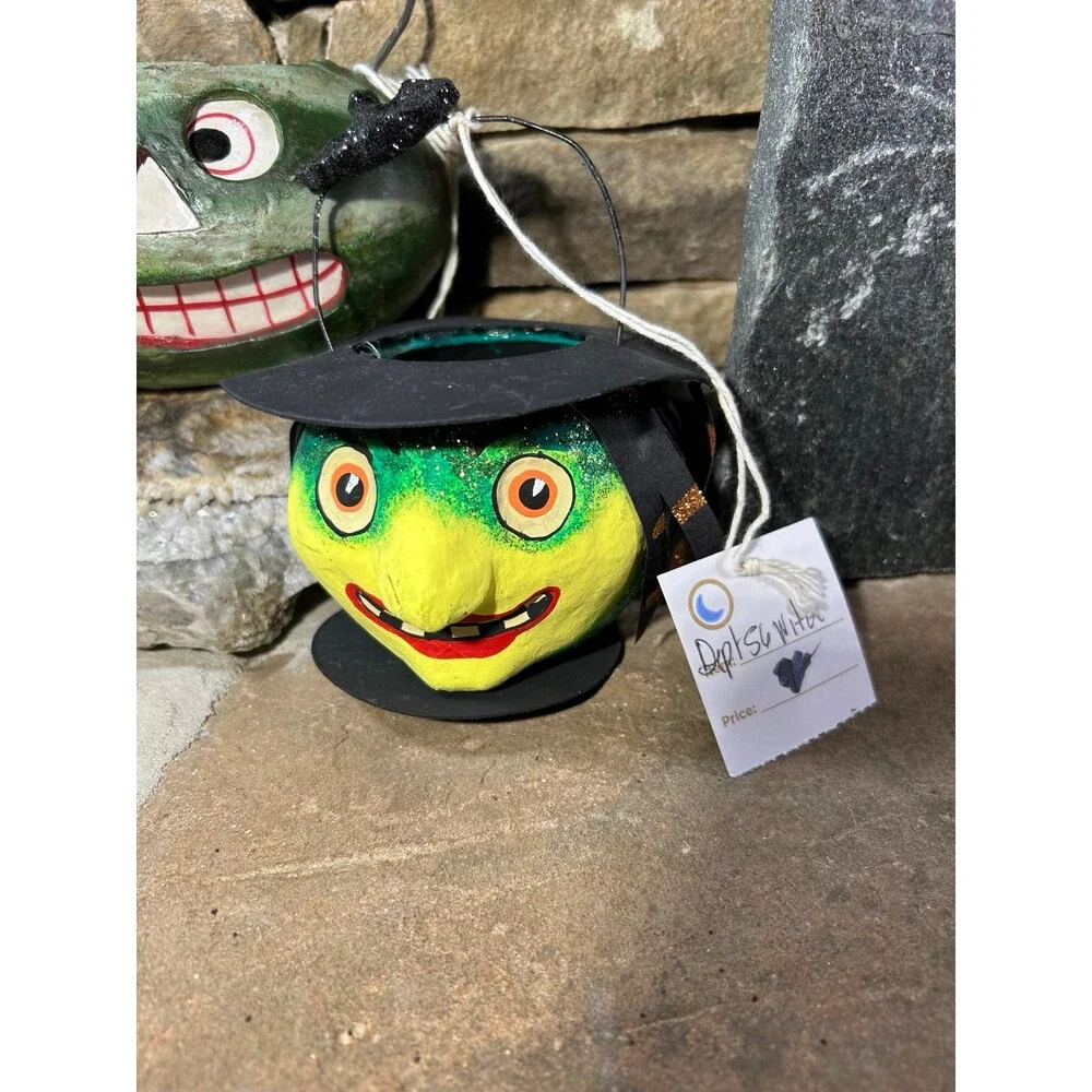 Dept 56 Paper Mache Witch and Green Jack O’ Lantern Halloween decorations READ